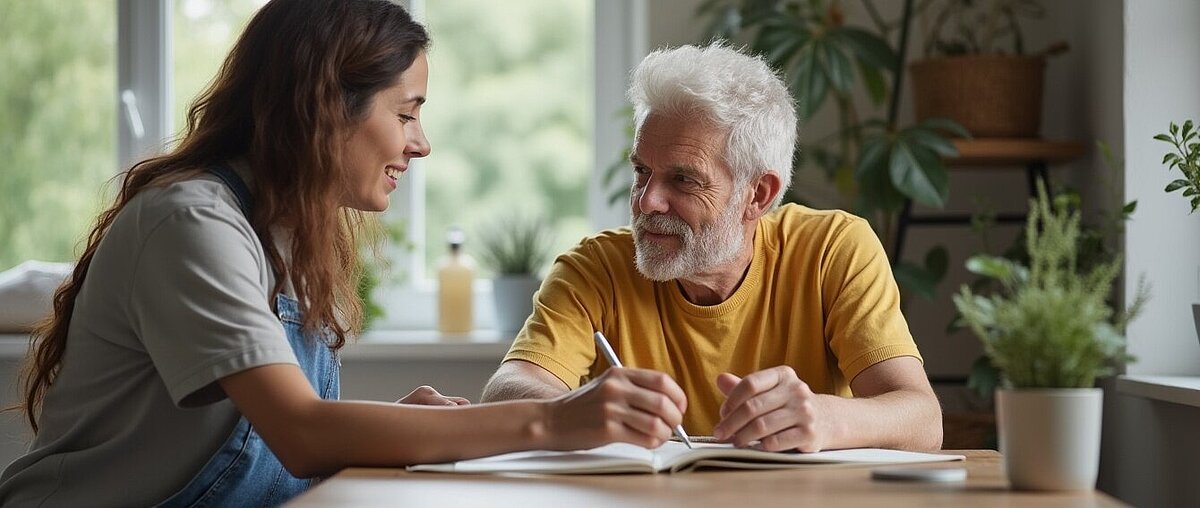 Eine junge Frau und ein älterer Mann sitzen zusammen an einem Tisch, schauen in ein Notizbuch und schreiben, im Hintergrund sind Pflanzen und ein Fenster zu sehen.
