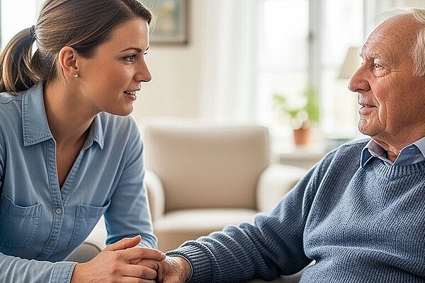 Eine junge Frau und ein älterer Mann sitzen sich auf einer Couch in einem Wohnzimmer gegenüber und führen ein ernstes Gespräch.