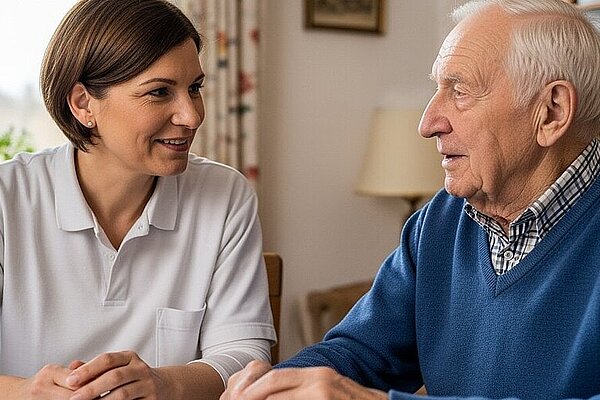 Eine Frau und ein älterer Mann sitzen an einem Tisch in einem Haus und unterhalten sich. Die Frau lächelt und trägt ein weißes Hemd, während der Mann einen blauen Pullover trägt.