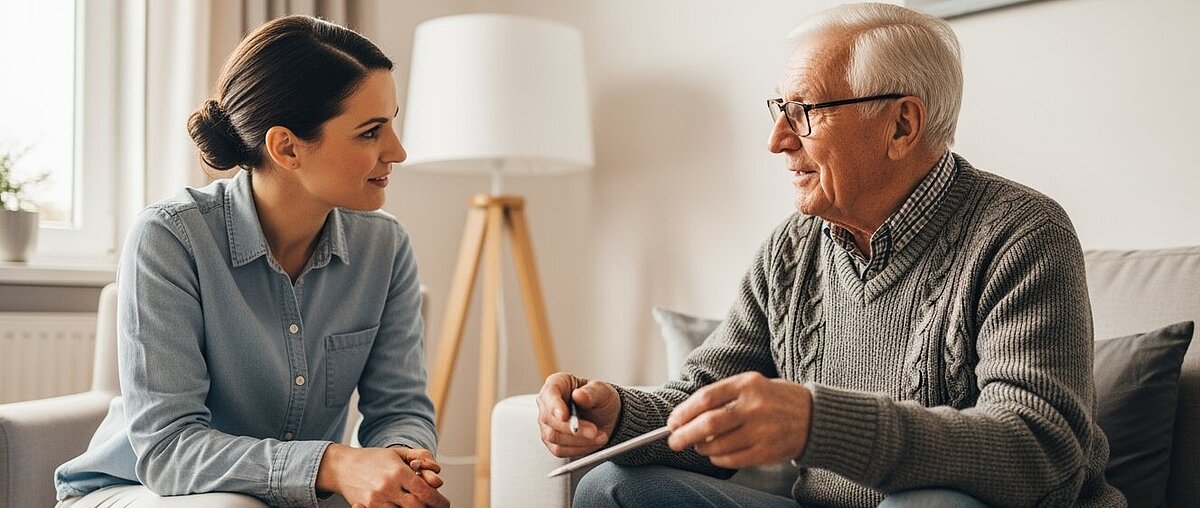 Eine junge Frau und ein älterer Mann sitzen sich auf einer Couch in einem Haus gegenüber und unterhalten sich; der Mann hält ein Tablet in der Hand.