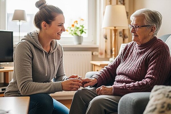 Eine junge Frau sitzt händchenhaltend mit einer älteren Frau auf einer Couch in einem warm beleuchteten Wohnzimmer und führt ein freundliches Gespräch.