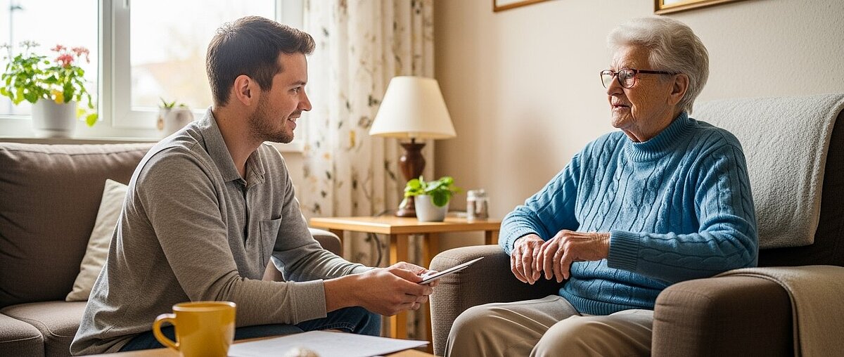 Ein junger Mann sitzt auf einem Sofa und unterhält sich mit einer älteren Frau, die eine Brille und einen blauen Pullover trägt, in einem gemütlichen Wohnzimmer.