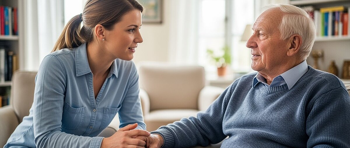 Eine junge Frau sitzt neben einem älteren Mann auf einer Couch und führt ein ernstes Gespräch in einem gut beleuchteten Wohnzimmer.