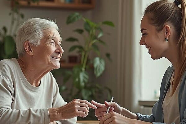 Eine ältere Frau und eine junge Frau sitzen sich an einem Tisch gegenüber, lächeln und unterhalten sich in einem hellen, gemütlichen Raum mit Pflanzen im Hintergrund.