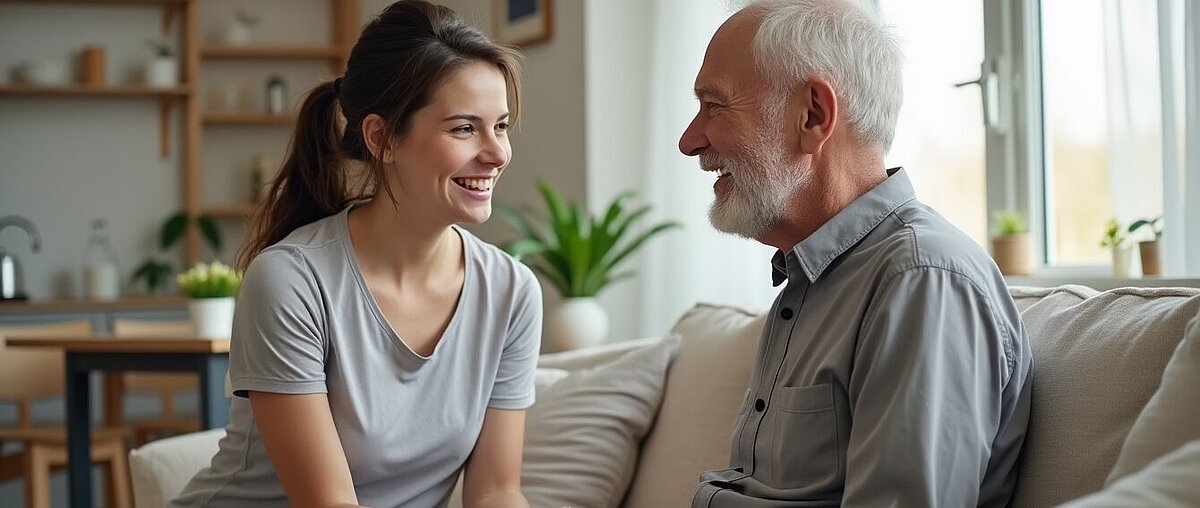 Eine junge Frau und ein älterer Mann sitzen sich lächelnd auf einer Couch im Haus gegenüber. Im Hintergrund sind Pflanzen und ein Fenster zu sehen.