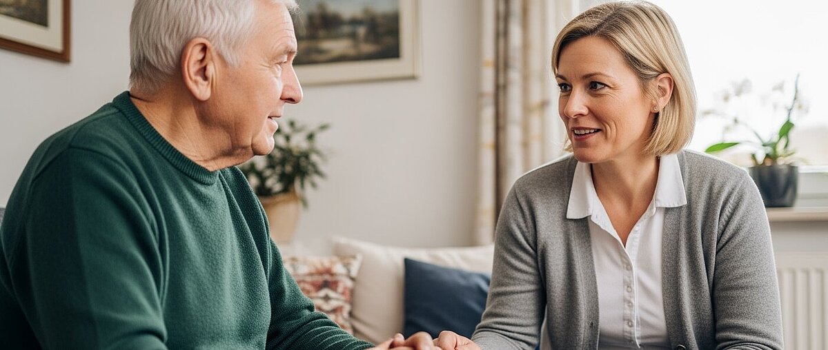 Eine junge Frau und ein älterer Mann sitzen auf einer Couch in einem Wohnzimmer und unterhalten sich. Der Mann hält ein Tablet in der Hand, während die Frau aufmerksam zuhört.