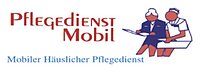 Das Logo des Pflegedienstes Mobil zeigt zwei stilisierte Figuren, von denen eine eine Krankenschwester ist, die einer anderen Person hilft, und einen Text, der auf einen mobilen Pflegedienst hinweist.