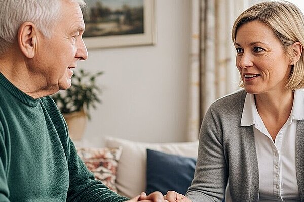 Ein älterer Mann und eine Frau sitzen sich auf einer Couch gegenüber und halten sich an den Händen, während sie sich unterhalten.