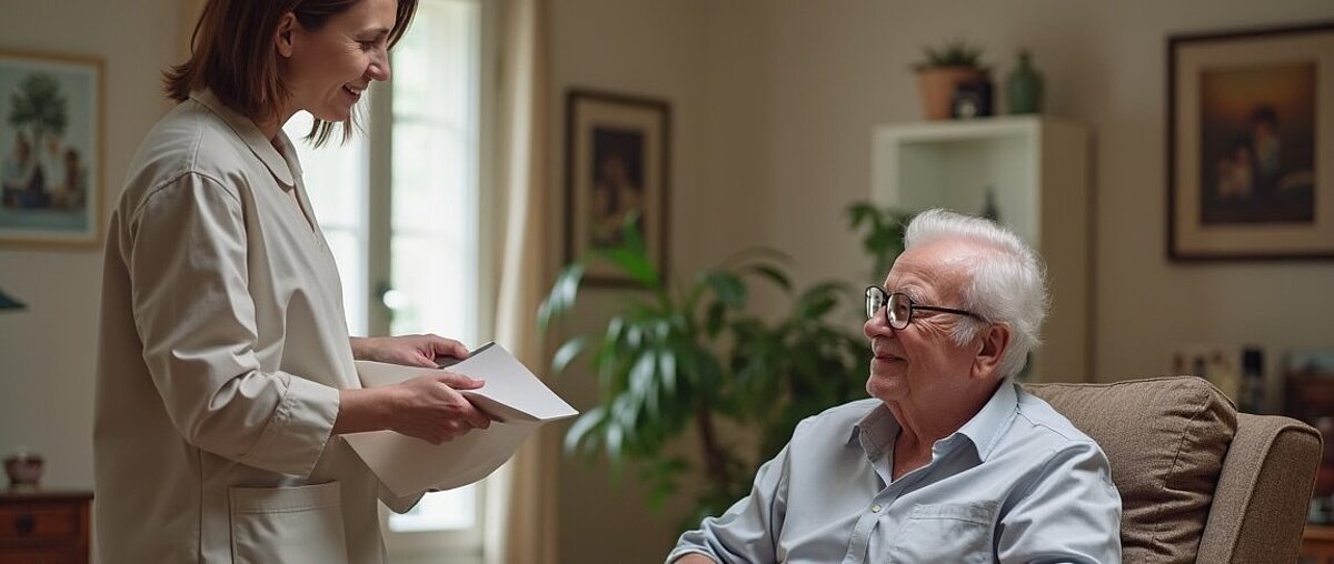 Eine Frau überreicht einem älteren Mann, der in einem Wohnzimmer mit gerahmten Bildern, einer Pflanze und sanftem Tageslicht sitzt, Dokumente.