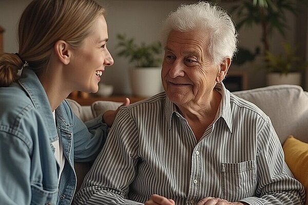 Eine junge Frau lächelt und unterhält sich mit einem älteren Mann, der auf einem Sofa in einem warm beleuchteten Wohnzimmer sitzt.