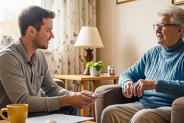 Ein junger Mann sitzt auf einer Couch, hält Papiere in der Hand und unterhält sich mit einer älteren Frau in einem blauen Pullover, die in einem Sessel in einem gut beleuchteten Wohnzimmer Platz genommen hat.