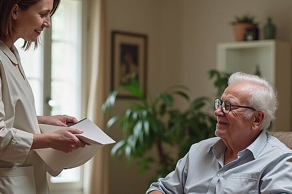 Eine Frau hält Papiere in der Hand und spricht mit einem älteren Mann, der in einem gemütlichen, hellen Raum mit Pflanzen und gerahmten Bildern an den Wänden auf einem Stuhl sitzt.