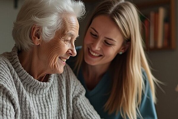 Eine ältere Frau mit weißem Haar und grauem Pullover sitzt neben einer jüngeren Frau mit langem blondem Haar, beide lächeln freundlich in die Runde.