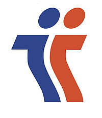 Abstraktes Logo mit zwei stilisierten menschlichen Figuren, einer blauen und einer roten, die nebeneinander stehen und sich leicht überlappen.