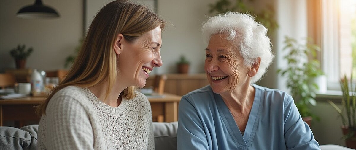 Eine jüngere und eine ältere Frau sitzen auf einer Couch in einem Haus und lächeln sich an, während im Hintergrund Pflanzen und Sonnenlicht zu sehen sind.