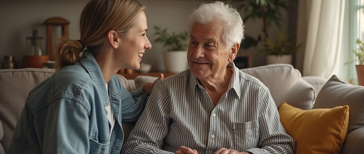 Eine junge Frau und ein älterer Mann sitzen zusammen auf einer Couch, lächeln und unterhalten sich in einem gemütlichen, sonnendurchfluteten Wohnzimmer.