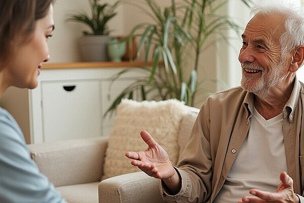 Ein älterer Mann und eine jüngere Frau sitzen auf einem Sofa in einem Wohnzimmer und führen ein freundliches Gespräch.