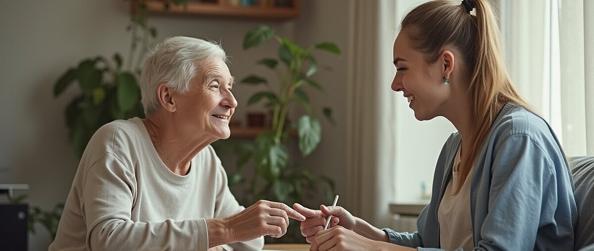 Eine ältere Frau und eine jüngere Frau sitzen an einem Tisch in einem Haus, lächeln und unterhalten sich miteinander. Im Hintergrund sind eine Topfpflanze und ein Bücherregal zu sehen.