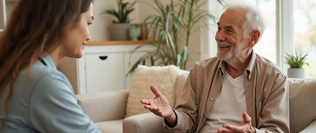 Ein älterer Mann lächelt und unterhält sich mit einer jüngeren Frau, während er auf einer Couch in einem hellen, gemütlichen Wohnzimmer mit Pflanzen im Hintergrund sitzt.