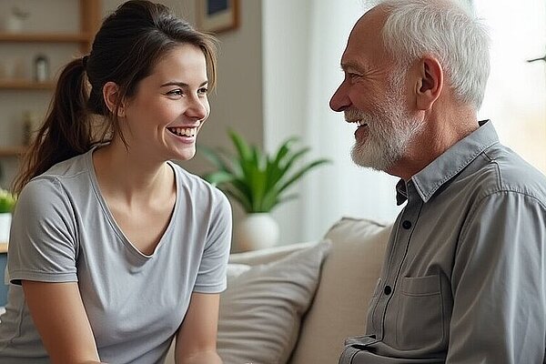 Eine lächelnde junge Frau und ein älterer Mann sitzen sich auf einer Couch im Haus gegenüber und unterhalten sich in einem hell erleuchteten Raum mit Pflanzen und Regalen im Hintergrund.