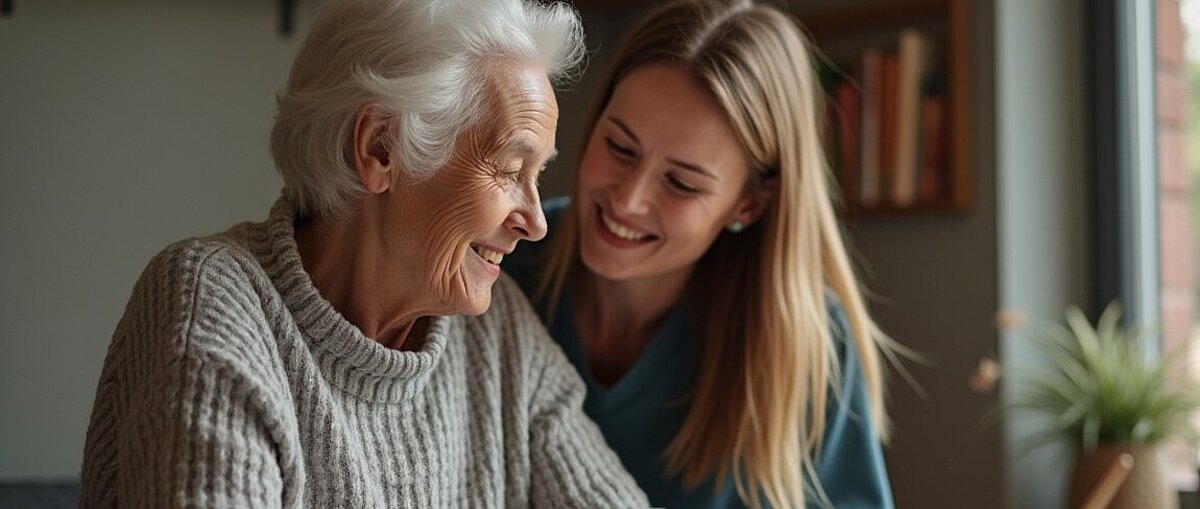 Eine ältere Frau in einem grauen Pullover sitzt neben einer jüngeren Frau, die sie anlächelt. Es scheint, als würden sie in einem Haus einen Moment miteinander verbringen.