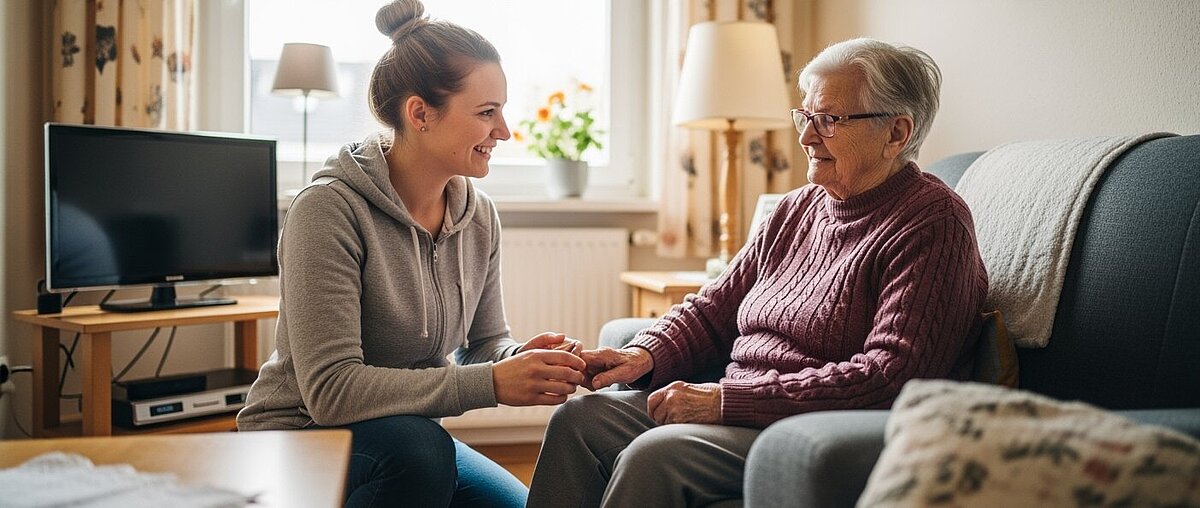 Eine junge Frau sitzt auf einer Couch, hält Händchen und unterhält sich mit einer älteren Frau in einem Wohnzimmer.