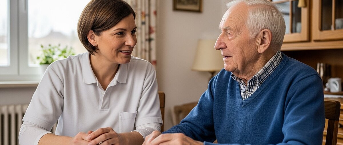 Eine Frau und ein älterer Mann sitzen in einem Haus an einem Tisch und unterhalten sich. Die Frau lächelt, und der Mann scheint aufmerksam zuzuhören.