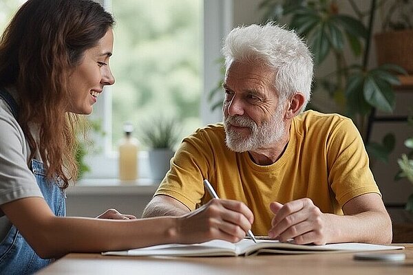 Eine junge Frau und ein älterer Mann sitzen in einem Haus an einem Tisch, schreiben gemeinsam in ein Notizbuch und lächeln, im Hintergrund sind Pflanzen und ein Fenster zu sehen.