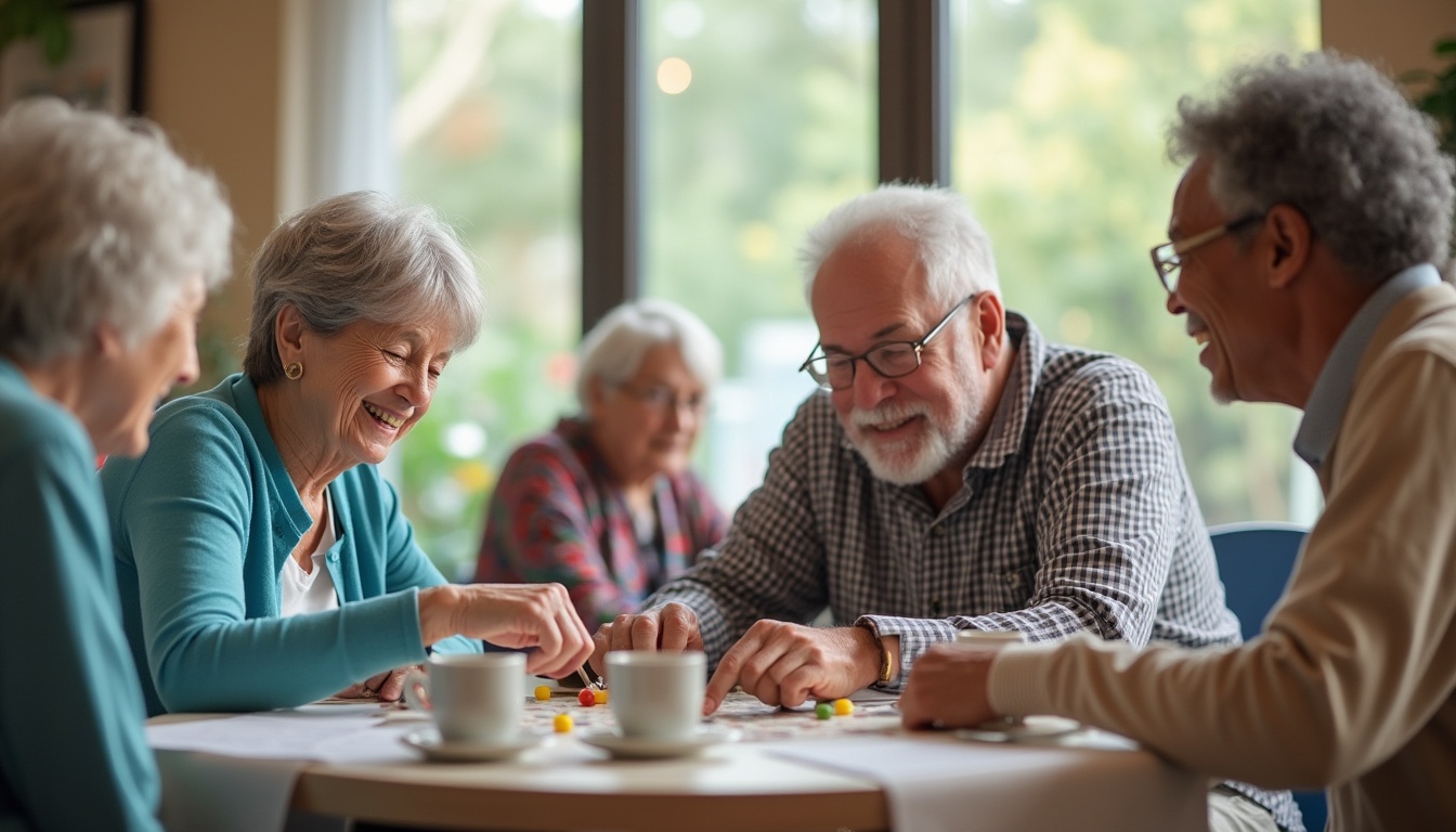 Vier ältere Menschen sitzen an einem Tisch und spielen zusammen ein Brettspiel, lächelnd, mit zwei Tassen im Vordergrund und einer weiteren Person im Hintergrund.